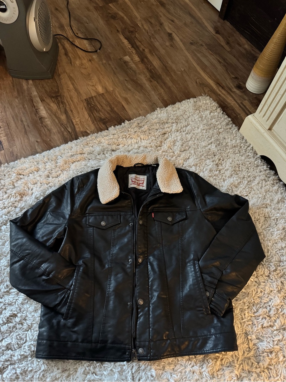 Levi's Black Faux Leather Jacket with Cream Sherpa Collar